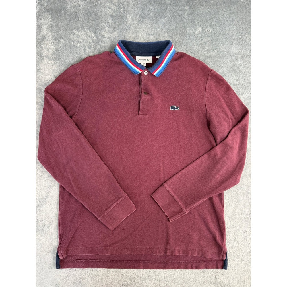 Lacoste Men's Long Sleeve Polo Shirt Burgundy Maroon Striped Tipped Collar L